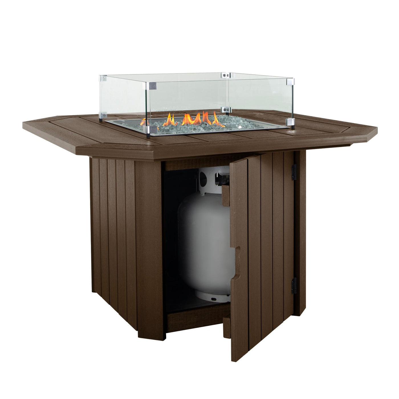 Brown Oasis Fire table with propane tank in view