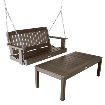 Lehigh Porch Swing 4ft and Adirondack Coffee Table Kitted Sets Highwood USA Weathered Acorn