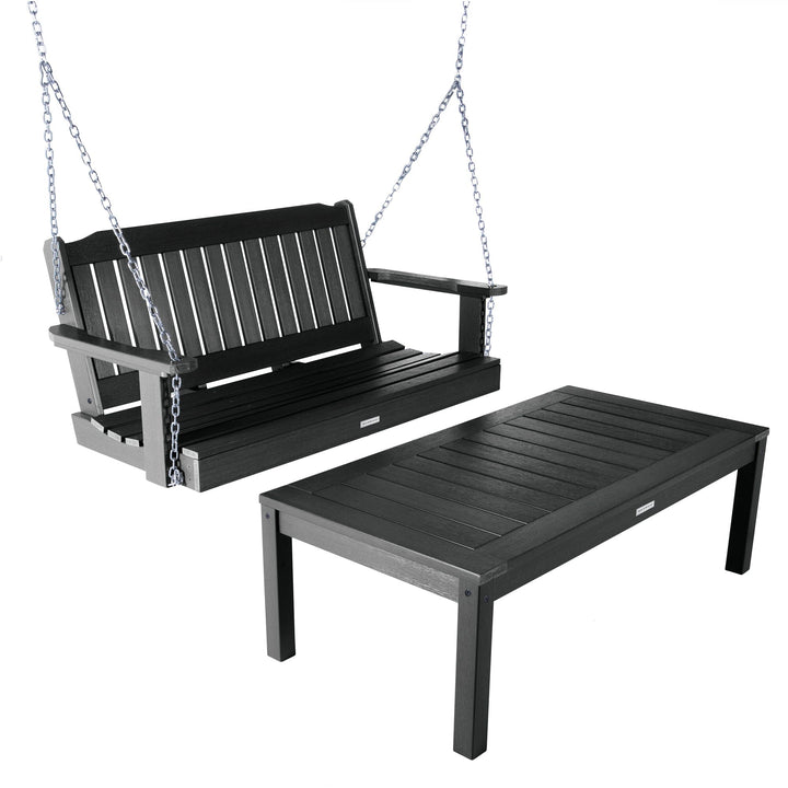Lehigh Porch Swing 4ft and Adirondack Coffee Table Kitted Sets Highwood USA Black
