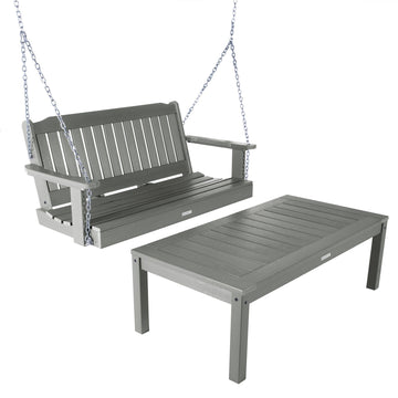 Lehigh Porch Swing 4ft and Adirondack Coffee Table Kitted Sets Highwood USA Coastal Teak