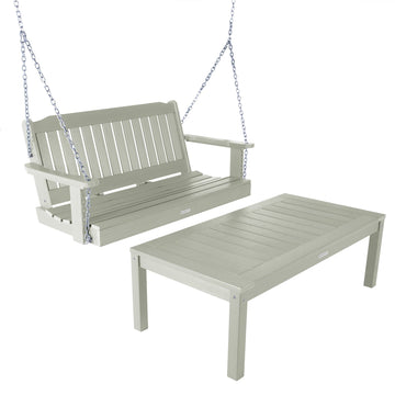 Lehigh Porch Swing 4ft and Adirondack Coffee Table Kitted Sets Highwood USA Eucalyptus