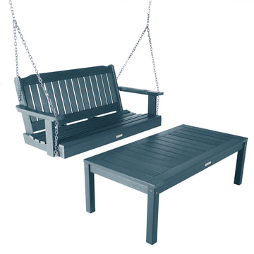 Lehigh Porch Swing 4ft and Adirondack Coffee Table Kitted Sets Highwood USA Nantucket Blue