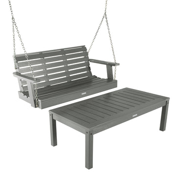 Weatherly Porch Swing 4ft and Adirondack Coffee Table Kitted Sets Highwood USA Coastal Teak