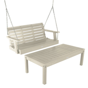 Weatherly Porch Swing 4ft and Adirondack Coffee Table Kitted Sets Highwood USA Whitewash