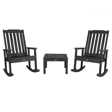2 Lehigh Rocking Chairs with Adirondack Side Table Kitted Sets Highwood USA Black