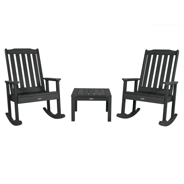 2 Lehigh Rocking Chairs with Adirondack Side Table Kitted Sets Highwood USA Black