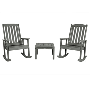 2 Lehigh Rocking Chairs with Adirondack Side Table Kitted Sets Highwood USA Coastal Teak
