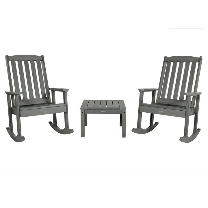 2 Lehigh Rocking Chairs with Adirondack Side Table Kitted Sets Highwood USA Coastal Teak