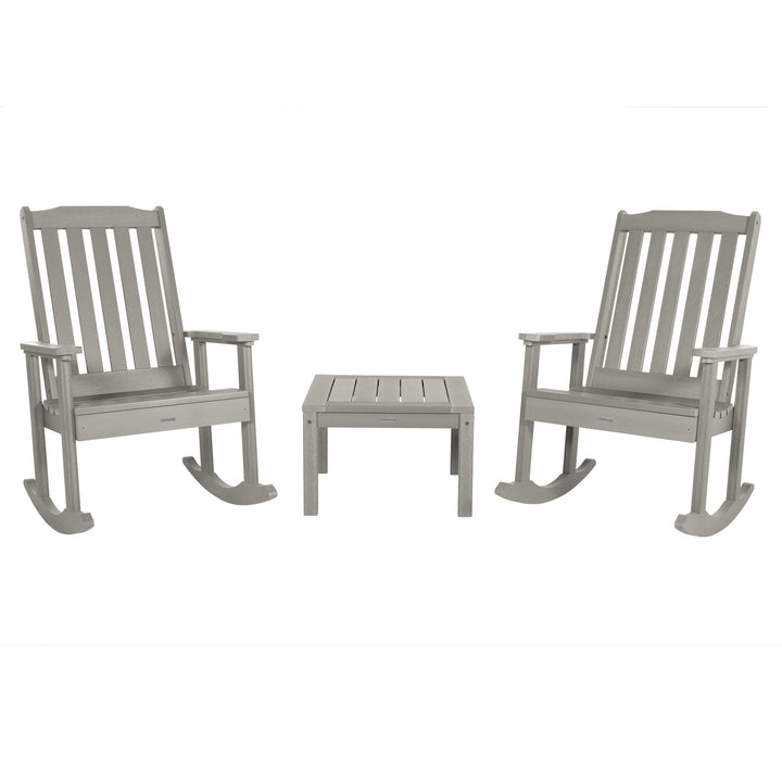 2 Lehigh Rocking Chairs with Adirondack Side Table Kitted Sets Highwood USA Harbor Gray