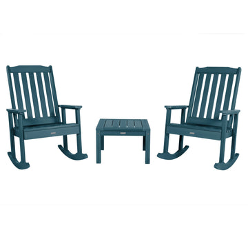 2 Lehigh Rocking Chairs with Adirondack Side Table Kitted Sets Highwood USA Nantucket Blue