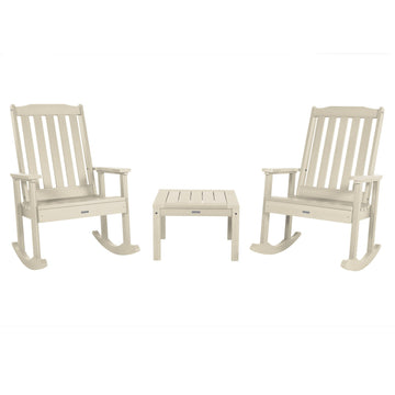 2 Lehigh Rocking Chairs with Adirondack Side Table Kitted Sets Highwood USA Whitewash