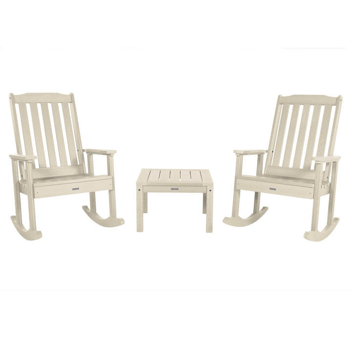 2 Lehigh Rocking Chairs with Adirondack Side Table Kitted Sets Highwood USA Whitewash