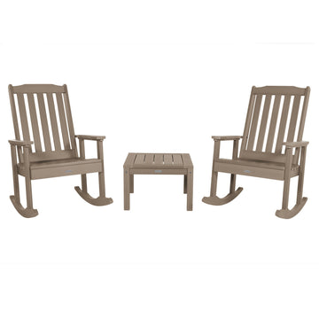 2 Lehigh Rocking Chairs with Adirondack Side Table Kitted Sets Highwood USA Woodland Brown