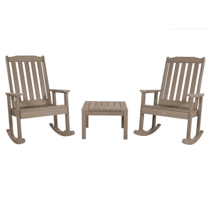 2 Lehigh Rocking Chairs with Adirondack Side Table Kitted Sets Highwood USA Woodland Brown
