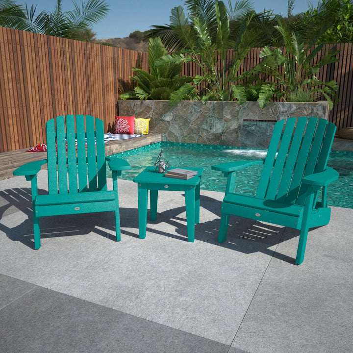 Two Cape Folding Adirondack Chairs and Side Table Set Kitted Set Bahia Verde Outdoors