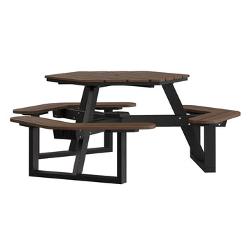 Shoreline Hexagon Picnic Table Table Bahia Verde Outdoors Black Sand/Rustic Walnut