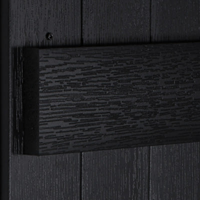 Wood-grain texture on black Highwood Stonecroft shutters. 