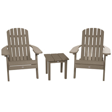 Two Cape Folding Adirondack Chairs and Side Table Set Kitted Set Bahia Verde Outdoors Cabana Tan