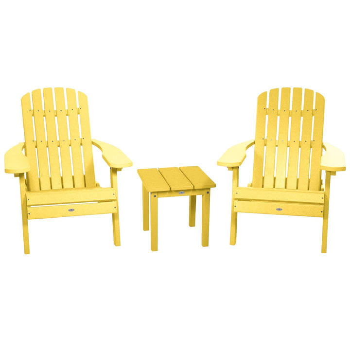 Two Cape Folding Adirondack Chairs and Side Table Set Kitted Set Bahia Verde Outdoors Sunbeam Yellow
