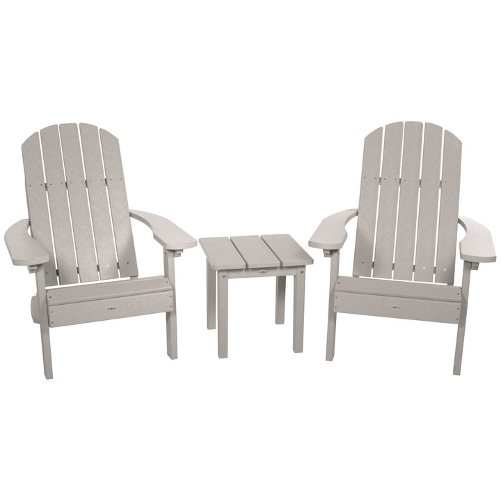 Two Cape Classic Adirondack Chairs and Side Table Set Kitted Set Bahia Verde Outdoors Cove Gray