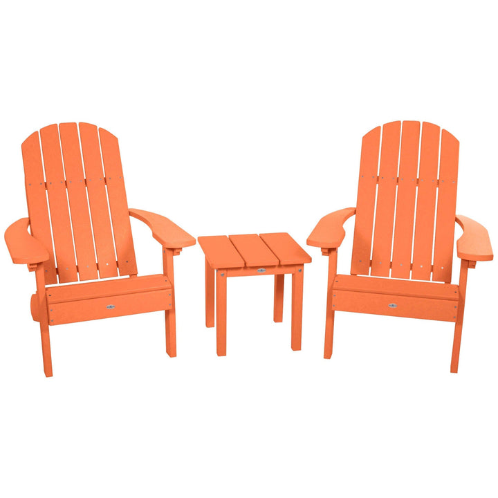 Two Cape Classic Adirondack Chairs and Side Table Set Kitted Set Bahia Verde Outdoors Citrus Orange
