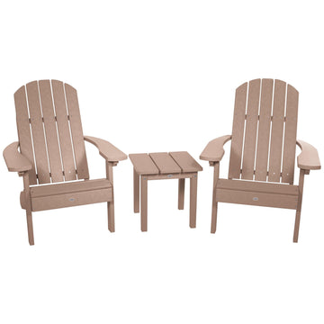 Two Cape Classic Adirondack Chairs and Side Table Set Kitted Set Bahia Verde Outdoors Cabana Tan