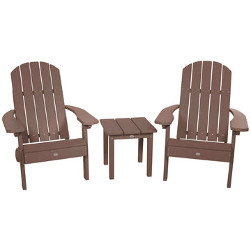 Two Cape Classic Adirondack Chairs and Side Table Set Kitted Set Bahia Verde Outdoors Mangrove Brown
