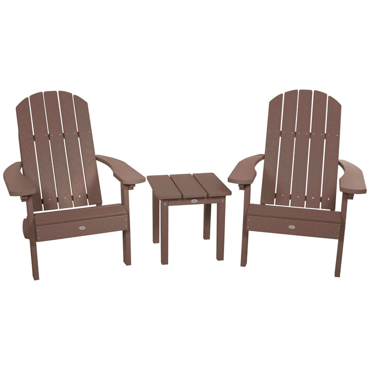 Two Cape Classic Adirondack Chairs and Side Table Set Kitted Set Bahia Verde Outdoors Mangrove Brown