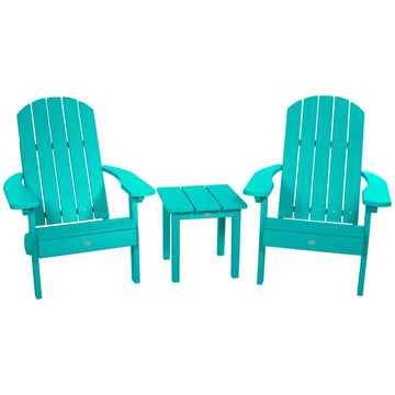 Two Cape Classic Adirondack Chairs and Side Table Set Kitted Set Bahia Verde Outdoors Seaglass Blue