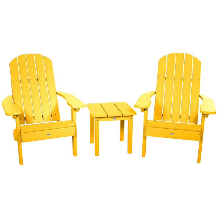 Two Cape Classic Adirondack Chairs and Side Table Set Kitted Set Bahia Verde Outdoors Sunbeam Yellow