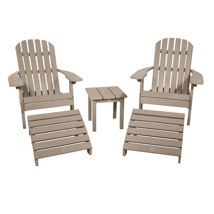 2 Cape Folding Adirondacks, 2 Ottomans, and 1 Side Table Kitted Set Bahia Verde Outdoors Cabana Tan