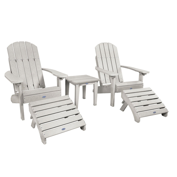 Two Cape Classic Adirondack Chairs, Side Table and Ottoman 5 pc Set Kitted Set Bahia Verde Outdoors Cove Gray
