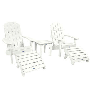 Two Cape Classic Adirondack Chairs, Side Table and Ottoman 5 pc Set Kitted Set Bahia Verde Outdoors Coconut White