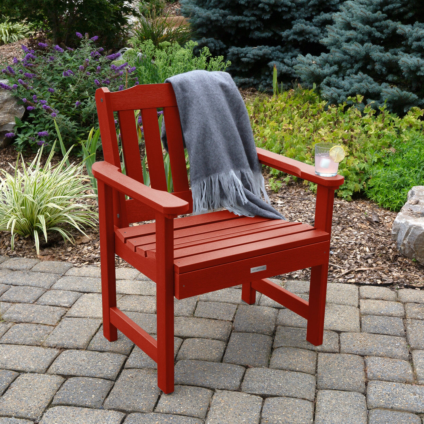 Red Lehigh garden chair with blanket