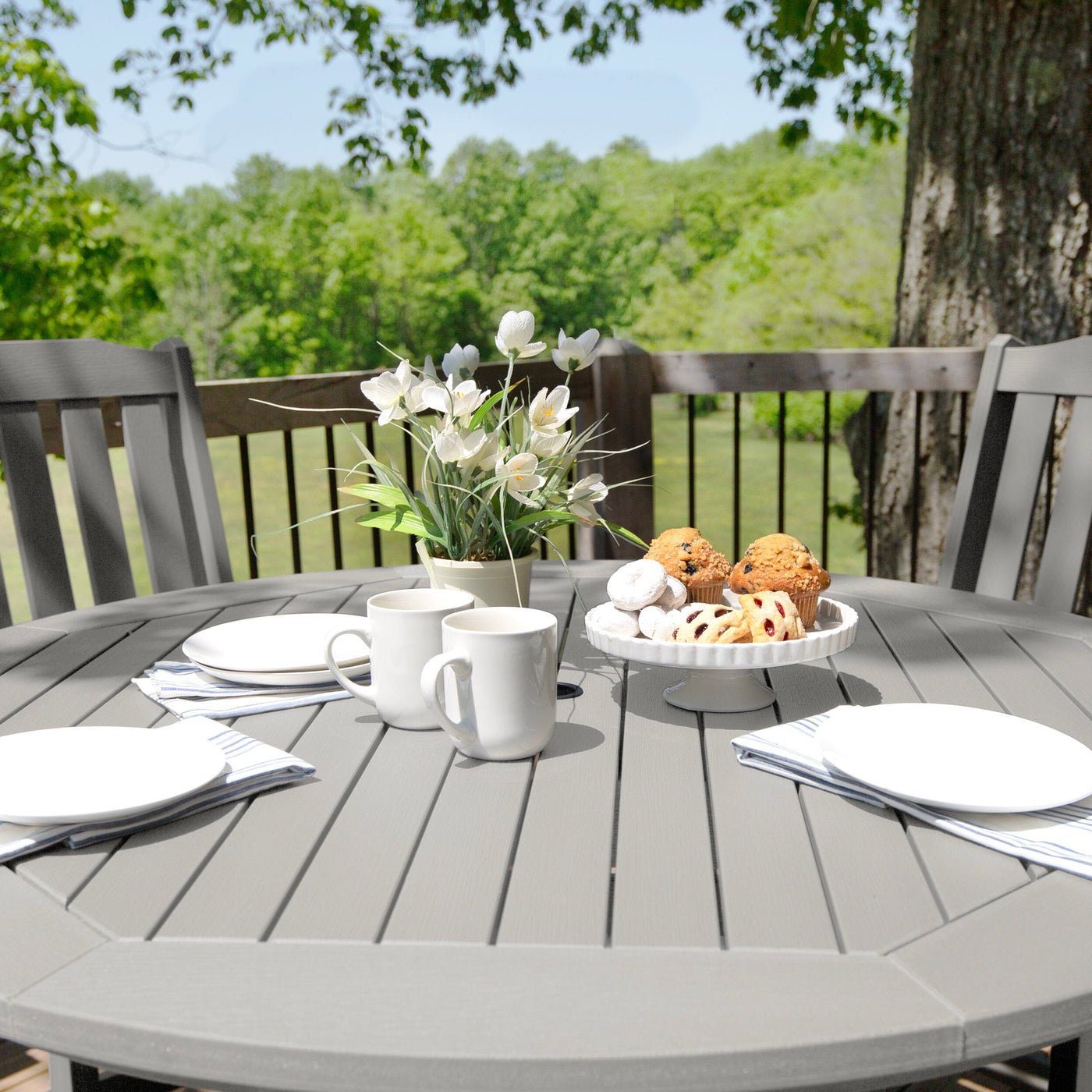 Beige/gray round dining set on deck with plants