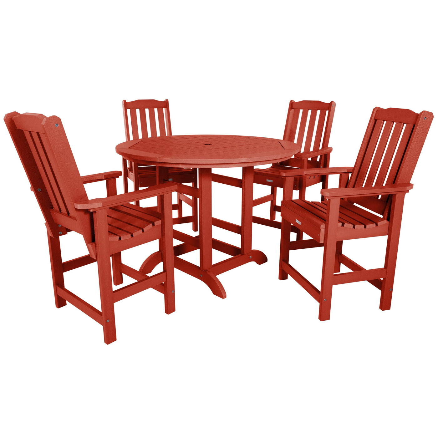 Red round dining set with chairs on deck