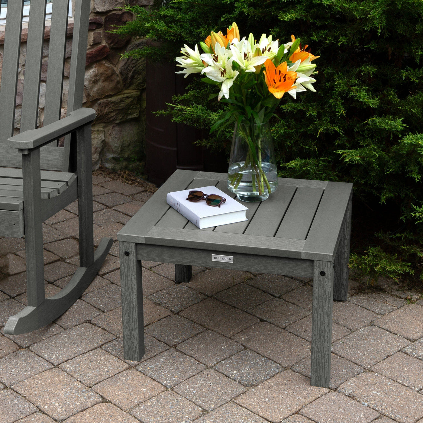 2 Lehigh Rocking Chairs with Adirondack Side Table Kitted Sets Highwood USA 