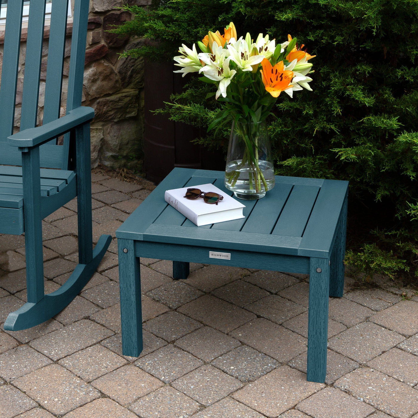 2 Lehigh Rocking Chairs with Adirondack Side Table Kitted Sets Highwood USA 