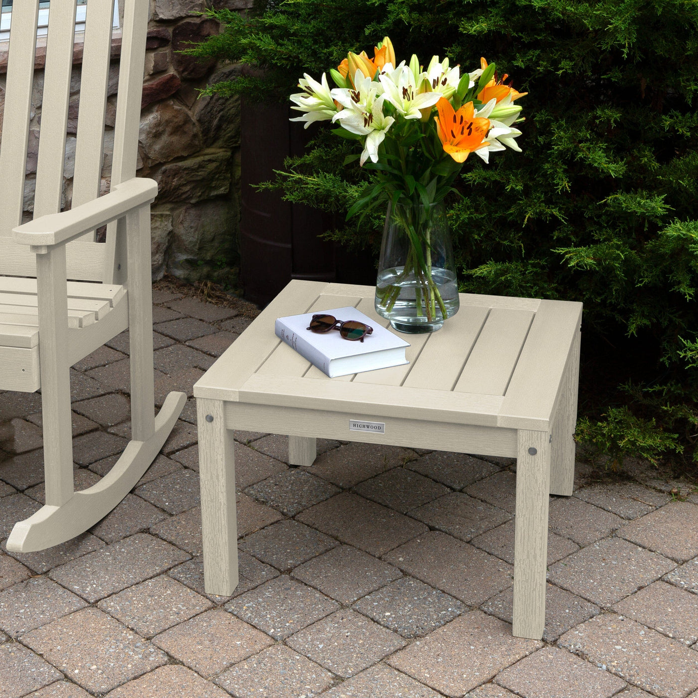 2 Lehigh Rocking Chairs with Adirondack Side Table Kitted Sets Highwood USA 