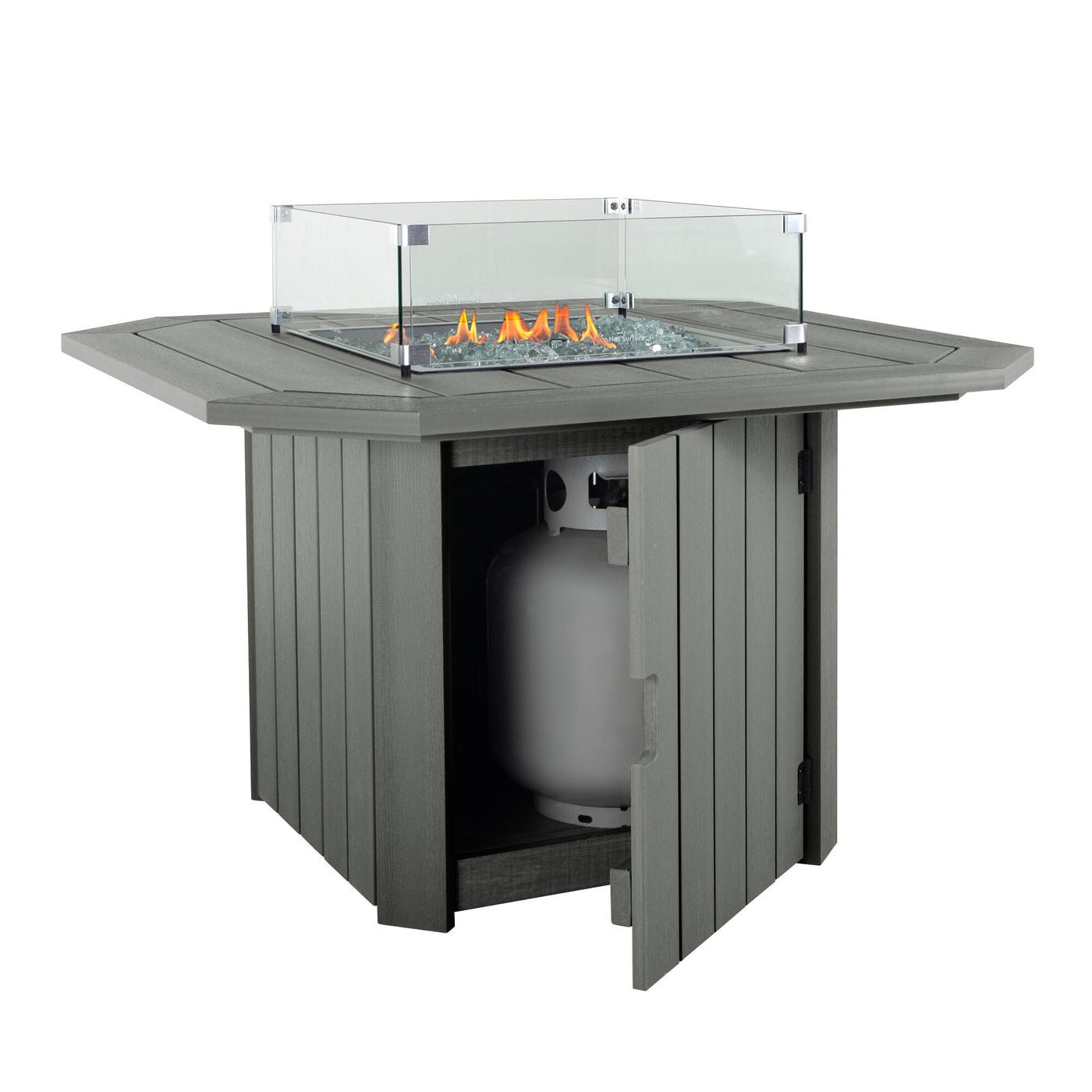 Gray Oasis Fire table with propane tank in view