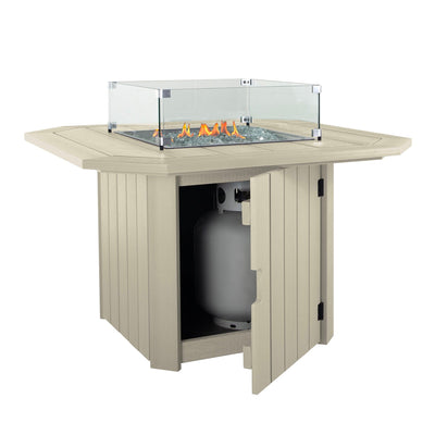 Whitewash Oasis Fire table with propane tank in view