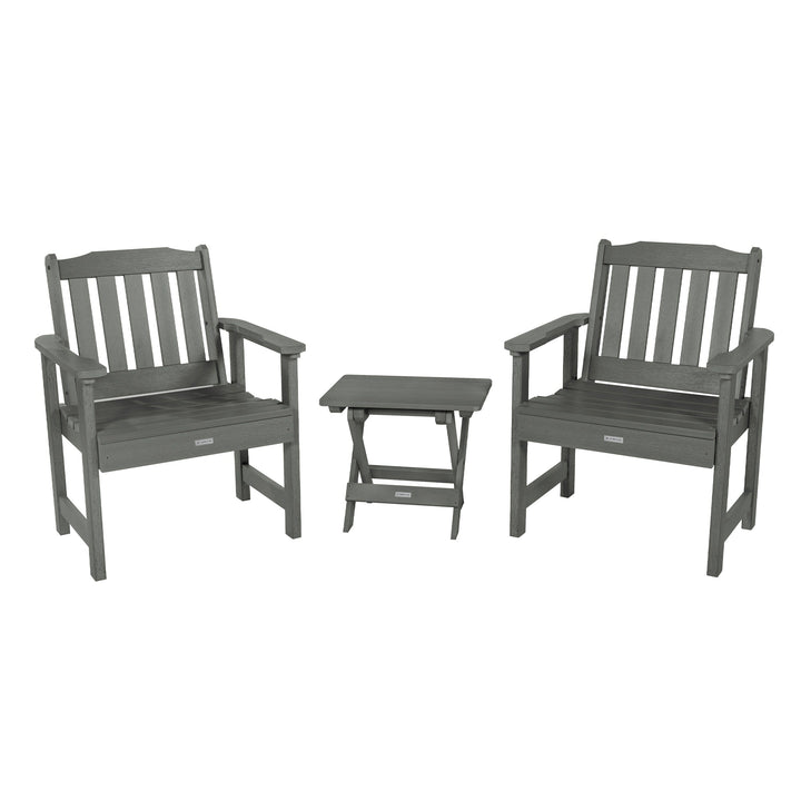 2 Lehigh Garden Chairs with Folding Adirondack Side Table Kitted Sets Highwood USA Coastal Teak 