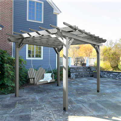 Gray Bodhi 12' x 12' Pergola and 4' Westport Porch Swing with house in the background. 