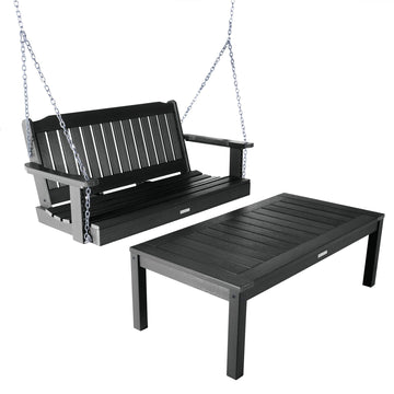 Lehigh Porch Swing 4ft and Adirondack Coffee Table Kitted Sets Highwood USA Black 