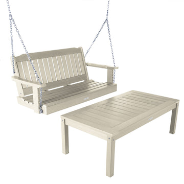 Lehigh Porch Swing 4ft and Adirondack Coffee Table Kitted Sets Highwood USA Whitewash 