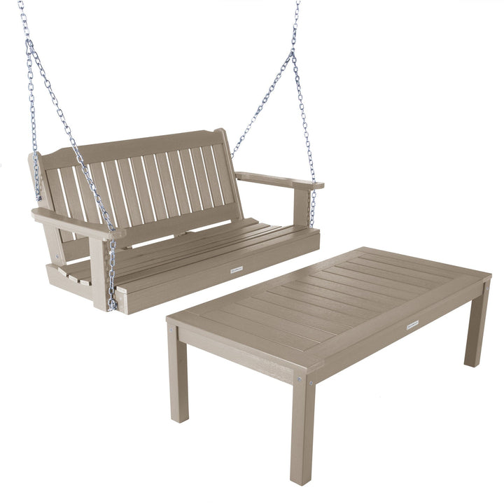 Lehigh Porch Swing 4ft and Adirondack Coffee Table Kitted Sets Highwood USA Woodland Brown 