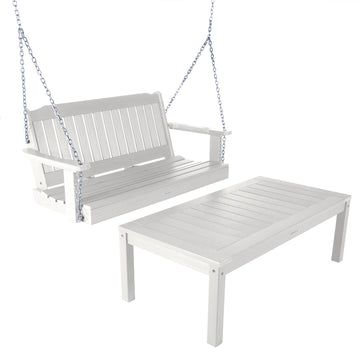 Lehigh Porch Swing 4ft and Adirondack Coffee Table Kitted Sets Highwood USA White 