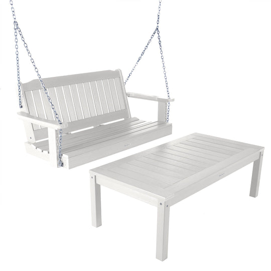 Lehigh Porch Swing 4ft and Adirondack Coffee Table Kitted Sets Highwood USA White 