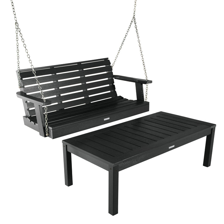 Weatherly Porch Swing 4ft and Adirondack Coffee Table Kitted Sets Highwood USA Black 