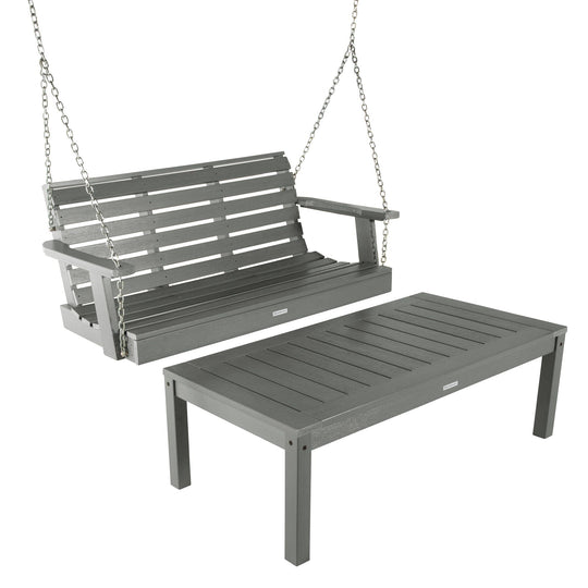 Weatherly Porch Swing 4ft and Adirondack Coffee Table Kitted Sets Highwood USA Coastal Teak 